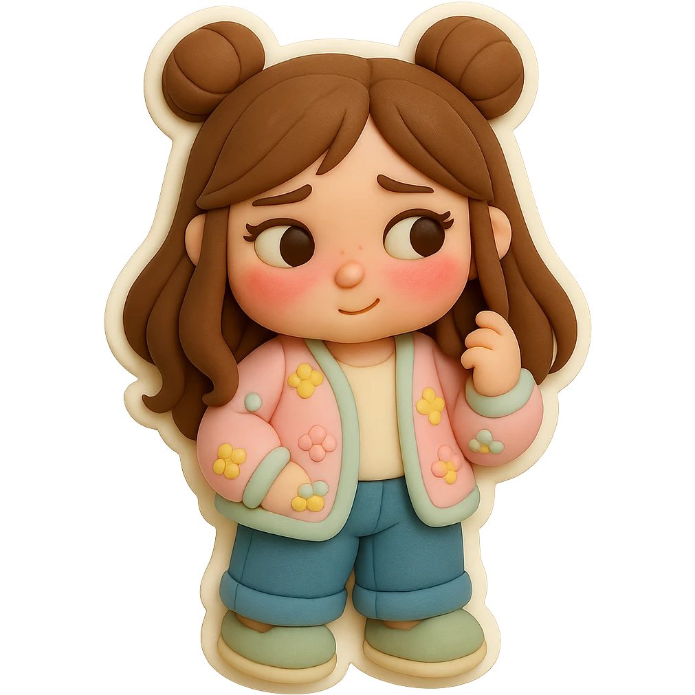 3D chibi fondant cake art style, high-quality rendering with smooth shadows and soft gradients. Girl based on reference image with preserved facial features and eye shape, long brown hair in two space buns, brown eyes, jeans, pastel floral cardigan, shoes, thick white outline like a sticker, transparent background. Standing shyly, blushing with red cheeks and nose, twirling a lock of hair around her finger. Ensure the face, hairstyle, eye shape, and shoes match the reference exactly. emoji