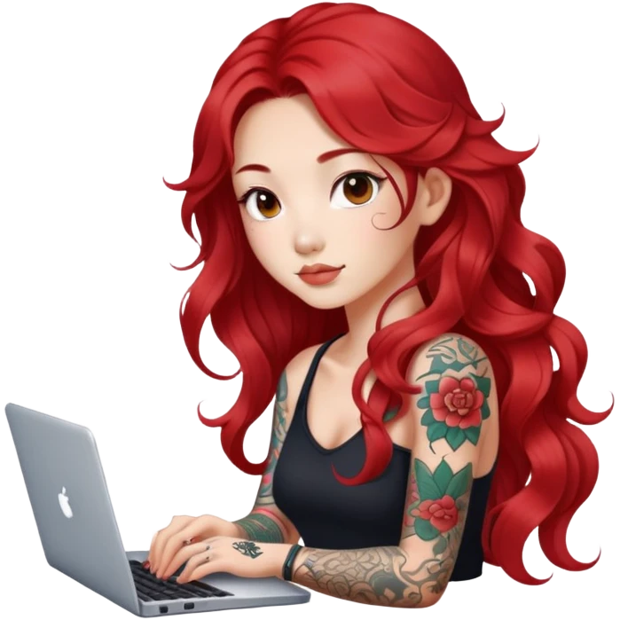 beautiful girl with tattoos, with long redhair, wavy hair, chinese, with laptop emoji