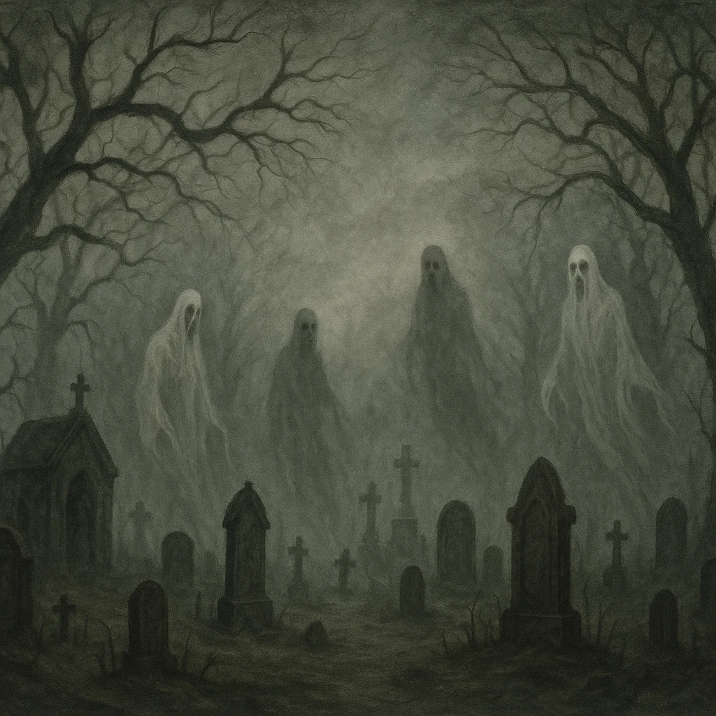 creepy banner, foggy graveyard, twisted trees, ghostly figures, muted colors, gothic art style emoji