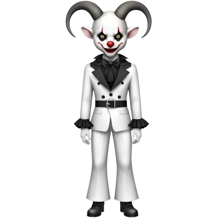 full-body demonic clown in black and white leisure suit with bellbottom pants, bald, black ram horns, flashy black and white belt, ruffled white shirt, no neck tie, large fangs emoji