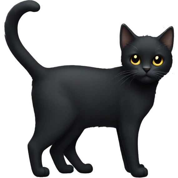 Full-body of a petite, solid black-furred cat with light yellow eyes, short fur, and small pointed ear tufts that blend into the black fur emoji