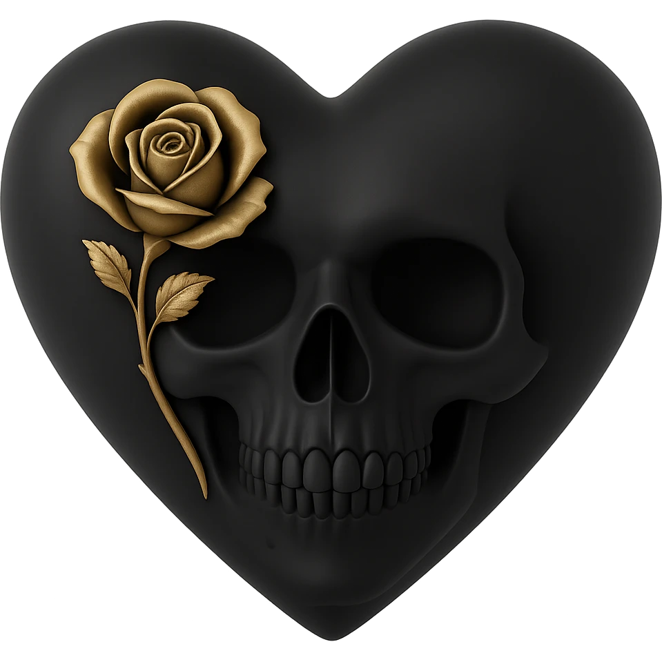 Add a gothic rose accent to the 3D goth black heart with a subtle skull motif, keeping it mysterious and gothic. emoji