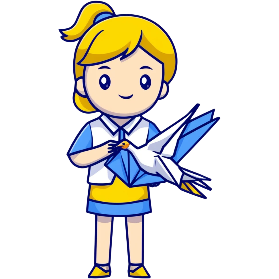 A Ukrainian young girl wearing a white embroidered shirt holds an origami yellow-blue crane emoji