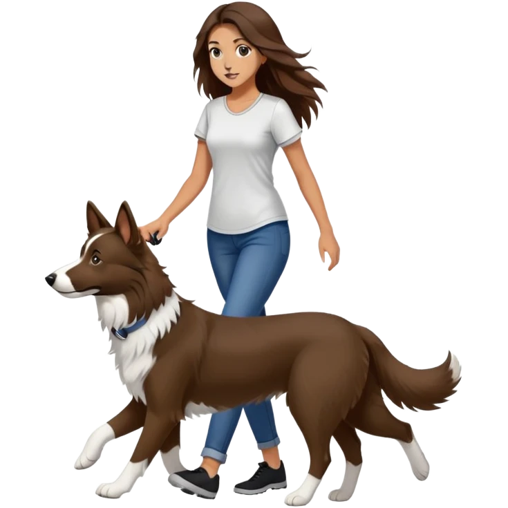 A beautiful girl with long brown hair and wearing a tight short-sleeved shirt is walking a black and white Border Collie emoji
