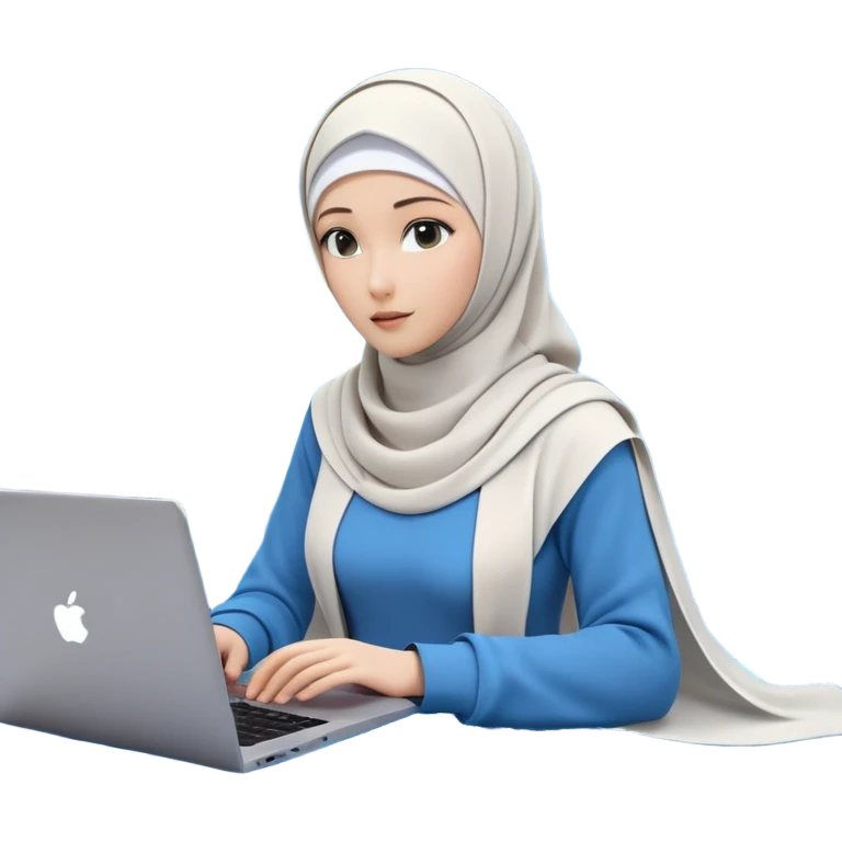 computer engineer with white hijab wearing blue outfit, with her metaverse creation coming to life around her, digital elements and code escaping from the screen behind her, virtual objects and holograms materializing in 3D space around her, laptop in front of her, her digital world extending beyond the screen into reality emoji