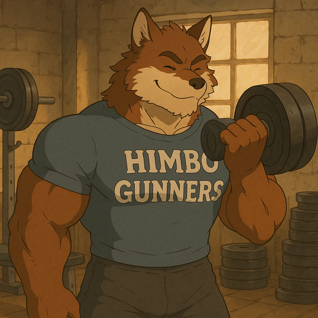 muscular furry character wearing a t-shirt that says 'Himbo Gunners' lifting weights in a gym emoji
