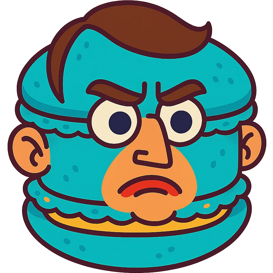 Emmanuel Macron transformed into a macaron with an expressive face, vibrant colors emoji