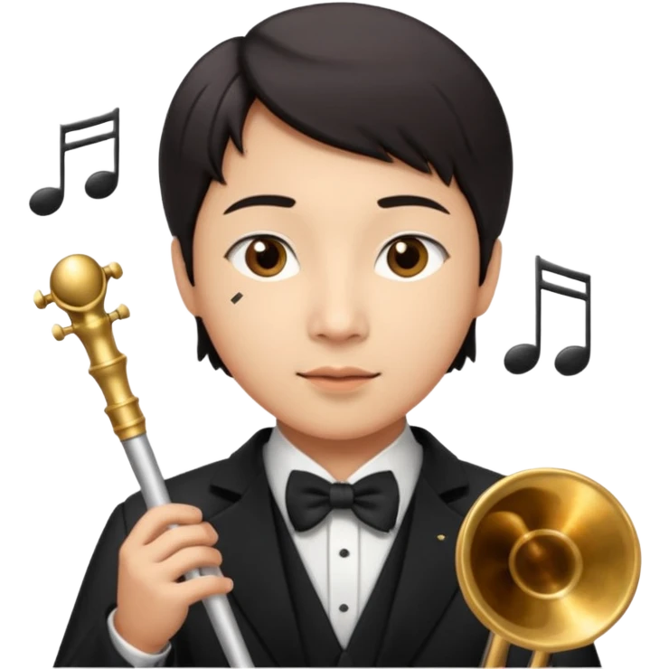 asian Create a sophisticated and elegant emoji that represents orchestration and arrangement. The design should feature a conductor’s baton, musical notes, and a symphonic score, symbolizing the process of arranging and orchestrating music. Incorporate instruments like a violin, trumpet, emoji