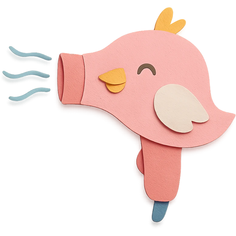 happy bird hair dryer, soft pink, blowing gentle air, full-body emoji