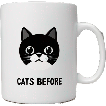 Black coffee mug with writing in white that says cats before people emoji
