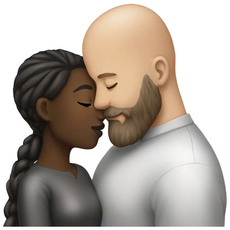 White girl brunette kissing black bald man with beard emoji