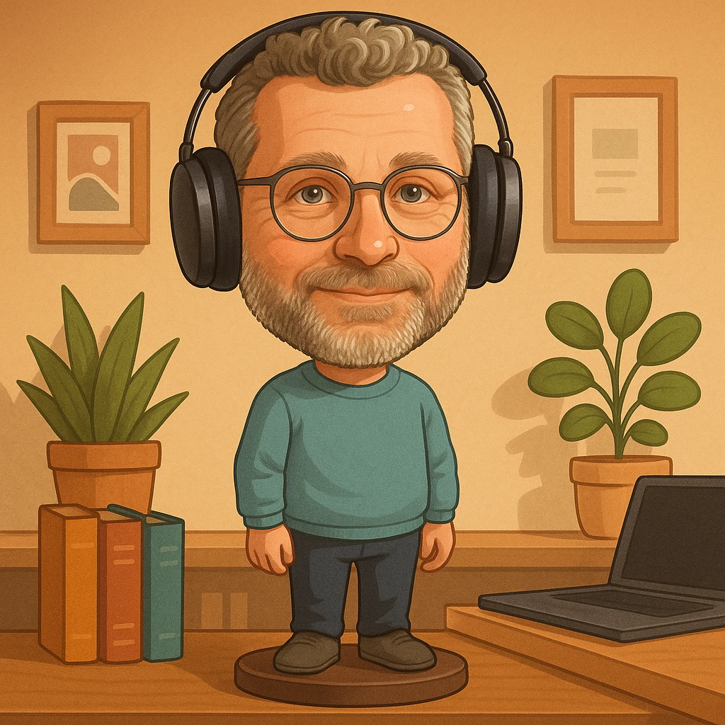 Create an illustration of this person standing in a design office, close to books and a laptop. The scene should be playful and creative, with the person as the main focus, in bobblehead style. emoji