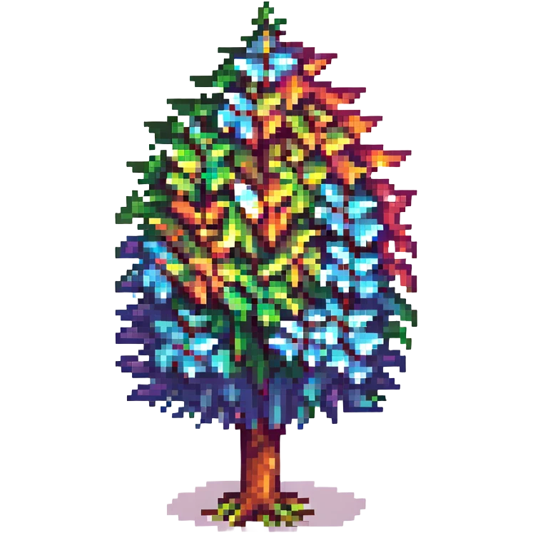 Terraria-inspired tree in pixel art, with rainbow-colored leaves for LGBTQ+ pride, whimsical and colorful, no text emoji