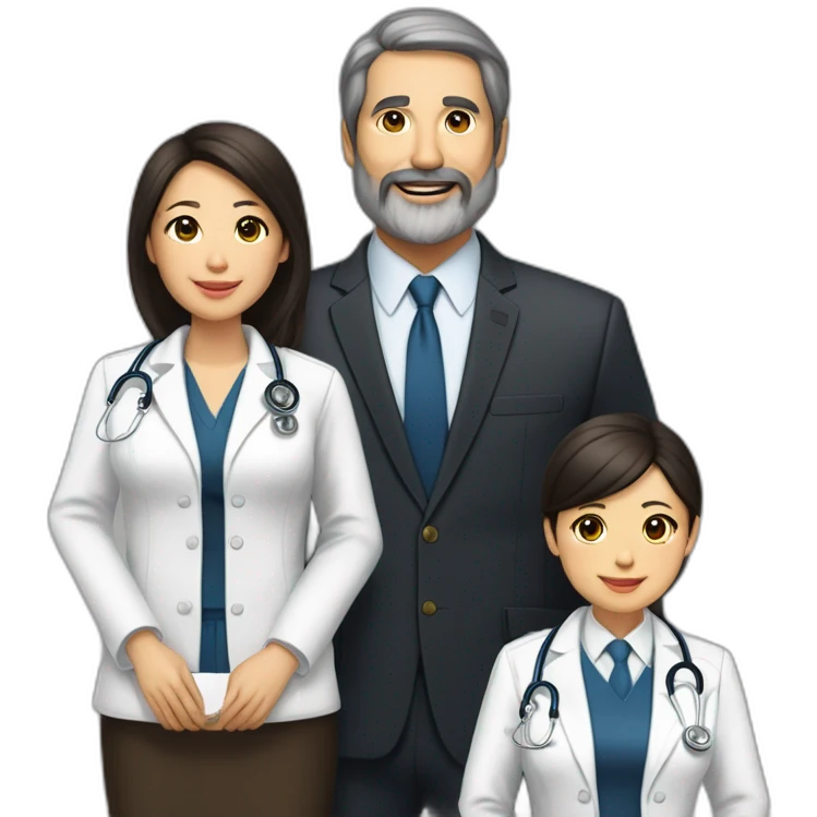husband american age 64 dark brown hair trimmed beard wearing a business suit holding a bible, wife asian age 64 black shoulder length hair wearing nurse uniform, two daughters age 30 and 37 emoji