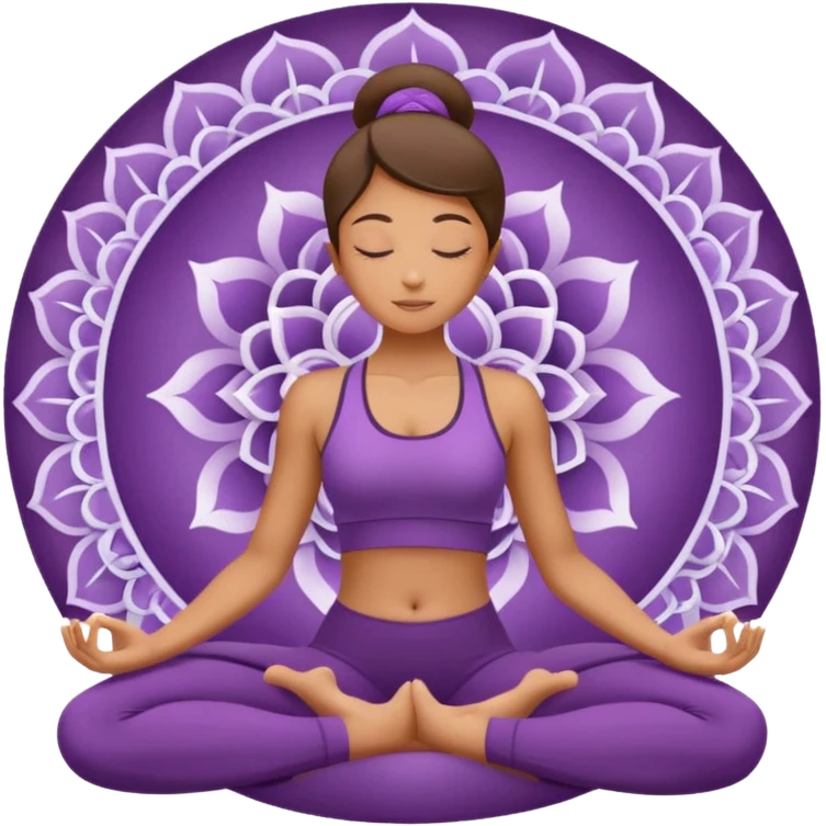 A woman in a purple yoga outfit resting in child’s pose, peaceful feeling, gentle mandala texture in background. emoji