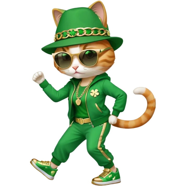 female cat wearing hip-hop Run DMC outfit with green tracksuit, fedora with shamrock, dark sunglasses, gold chains, bling accessories, St. Patrick's Day theme, break dancing emoji