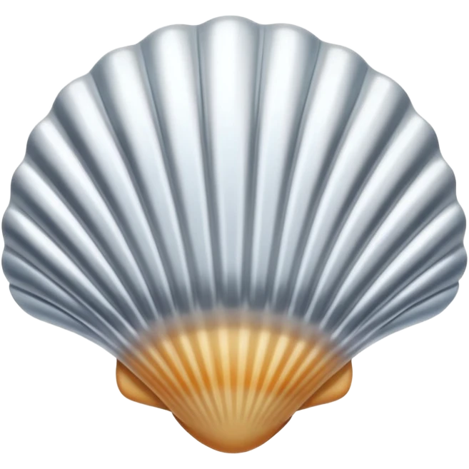 A seashell emoji made of polished silver chrome, smooth curved surface, reflective metallic highlights, elegant minimal design, iOS emoji style, centered, clean white background, soft lighting emoji