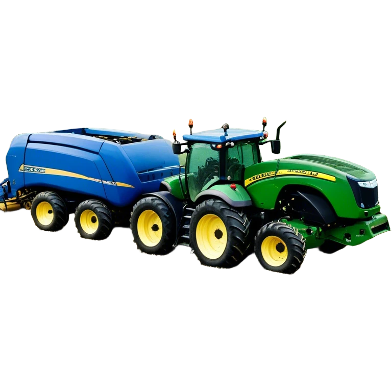 Baler – New Holland Roll-Belt 560 (2018) – Cinematic-realistic John Deere 6155M tractor towing a New Holland Roll-Belt 560 baler, its deep green body contrasting with the bright blue baler. The massive machine moves steadily through golden fields, compressing freshly cut hay into tight round bales, while dust swirls under the blazing afternoon sun. emoji