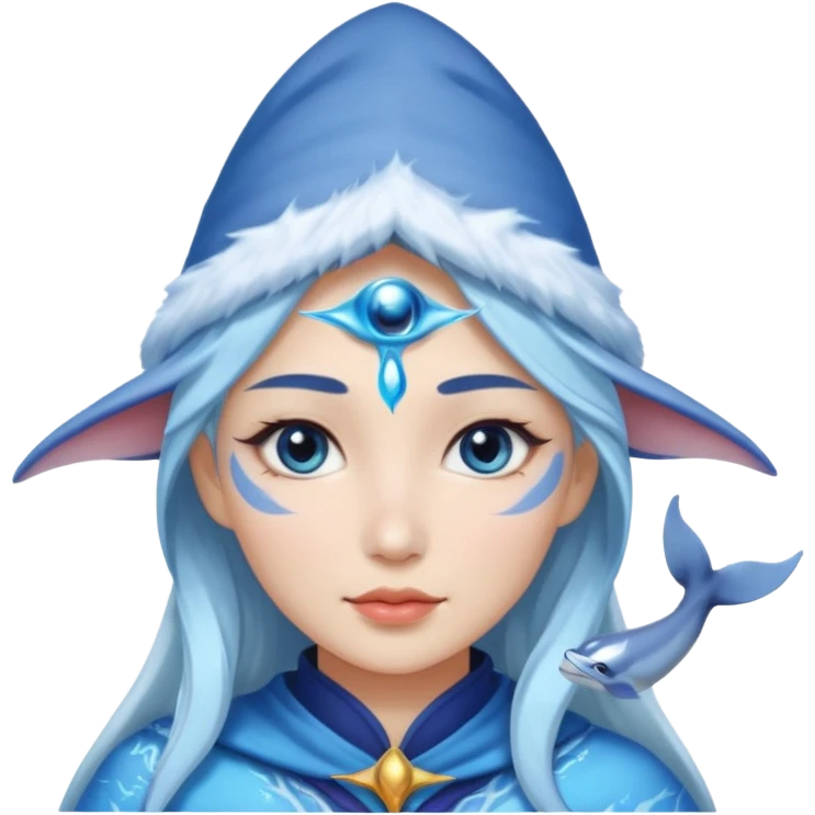 Frost wizard woman cheek painted with a dolphin below eye with Asian eyes emoji