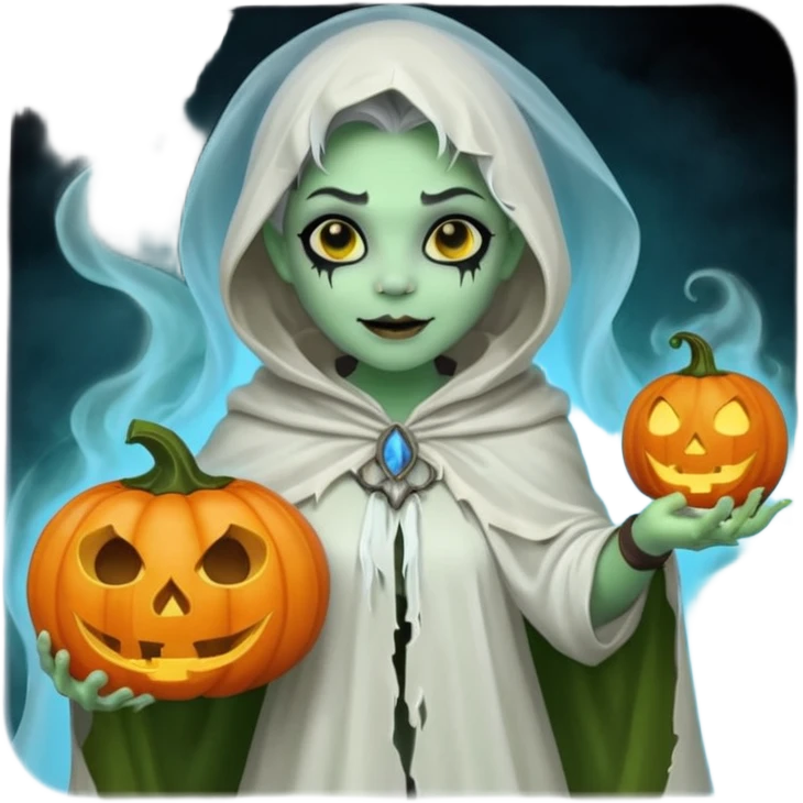 female orc ghost emoji, green skin, tusks, gentle smile, wearing flowing white ghost cloak with black eye holes, holding pumpkin lantern, faint glowing blue mist, Halloween fantasy, smooth Apple emoji style, white background, square emoji