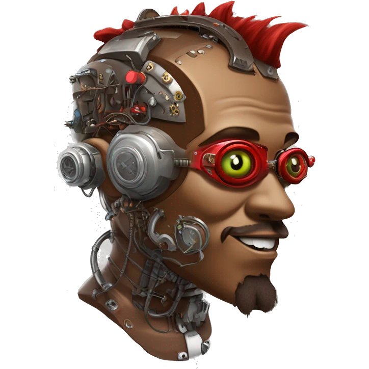 Brown cyborg head with red Mohawk, red beard, silver steampunk monocle goggles a smile and circuits emoji