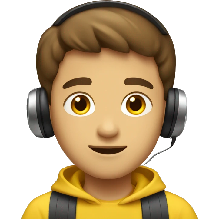 a brown short hair boy with headphone and yellow pullover say "hi" emoji