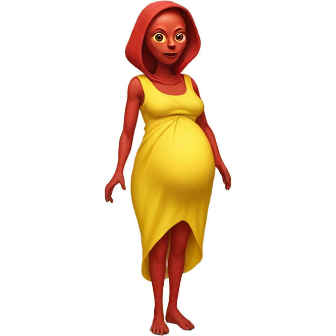 Pregnant red alien woman, full body in jellow  dress emoji