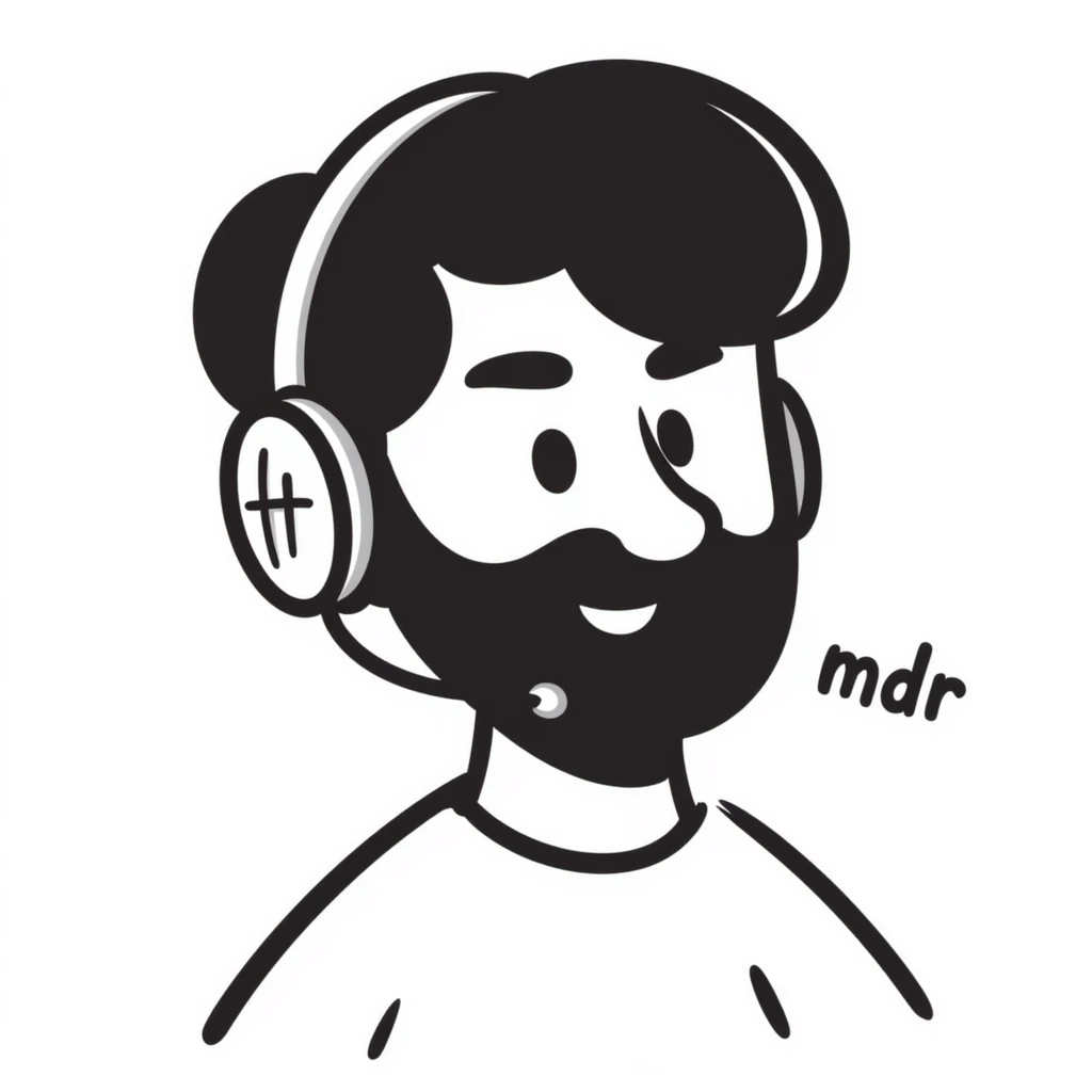 a person with black hair, brown eyes, and a black beard wearing a gaming headset saying "mdr" emoji