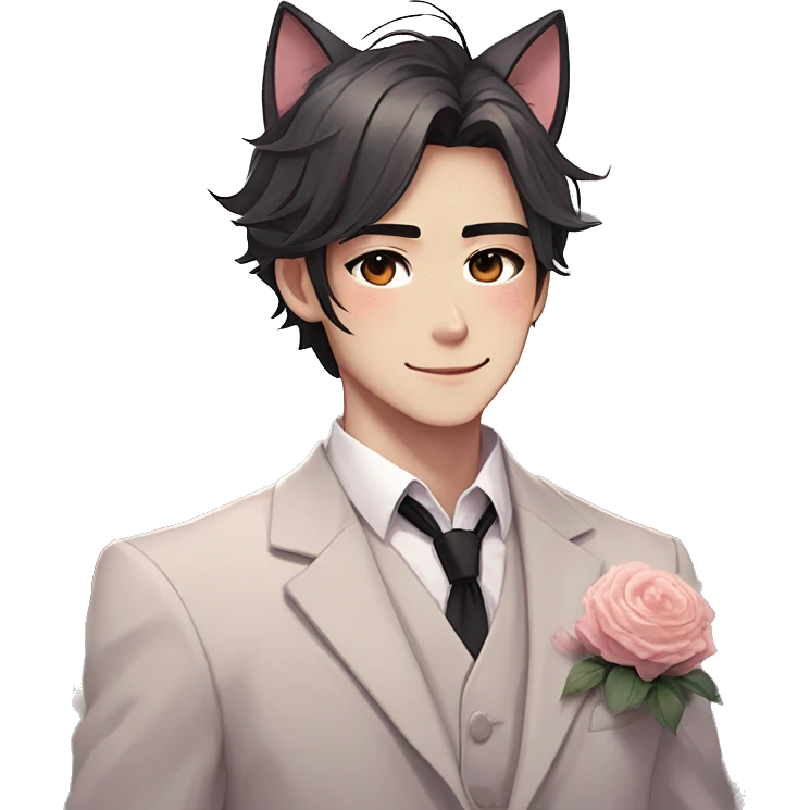 Gorgeous romantic anime style Asian formal modern gentlemanly guy with cat ears and flowers and blushing face aesthetic trending style outside emoji