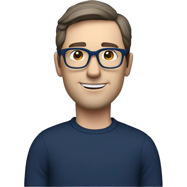 caucasian white man with dark hair, blue glasses, and carrying design plan because he is an architect carrying a pencil and a set model maquette. wearing a navy blue long sleeve sweater shirt. smart.  emoji
