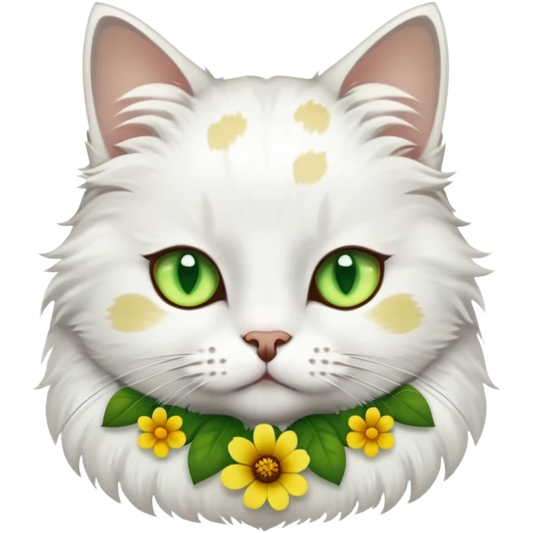 White cat with green eyes, brown-gray spots, and a yellow flower collar, looking serious. emoji