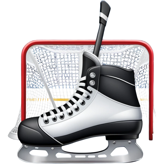 An icon showing a close-up of a hockey stick, puck, skates, and hockey net placed on the ice. The background features a packed stadium with bright lights, cheering fans, and snowy scenery outside. Transparent background highlights the key elements of the game. emoji