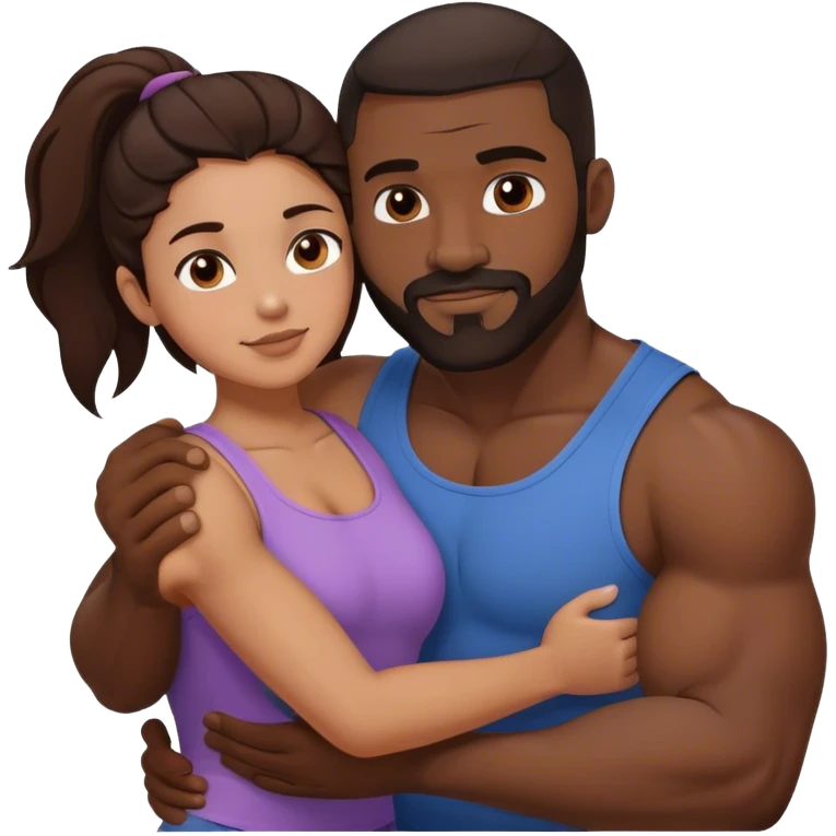 Black man with facial hair and muscles hug small brunette woman emoji