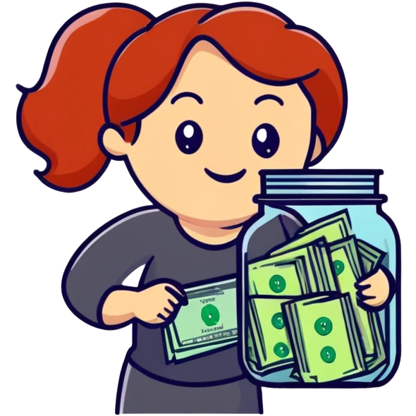 redhead woman with big smile holding glass jar with money bills inside emoji