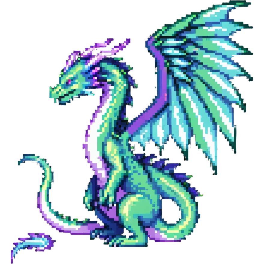 mysterious dragon with a long tail, large wings, and a magical aura, in green, blue, and purple emoji