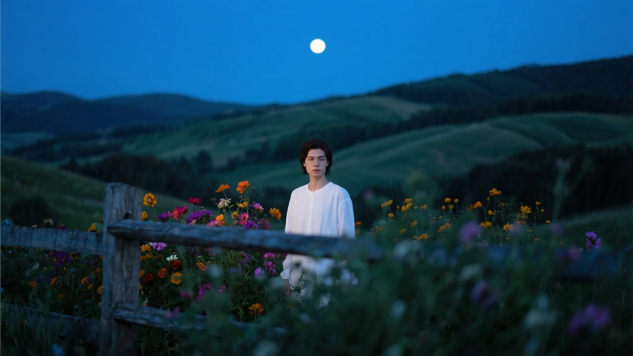 A portrait of a white person in the foreground, blurred plants in the foreground, a wooden fence and colorfull flowers in the midground, rolling hills in the background, cinematic depth of field, layered composition, moon back light (Blue night) emoji