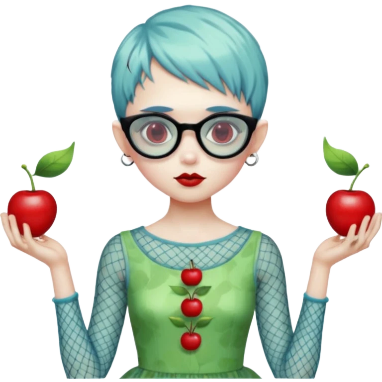 Ghoulia yelps monster high doll in scene/emo style cherry print dress with fishnet sleeves, clothes, thin, small, red, rectangle glasses, pale white-blue skin, pale-green pixie-cut emoji