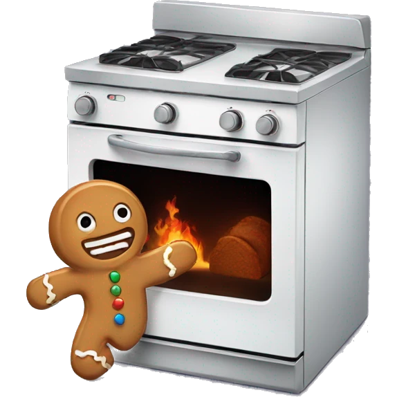 Oven with scared gingerbread man running away emoji