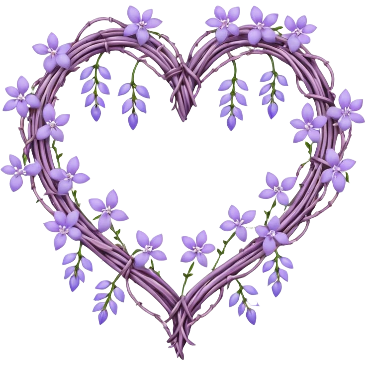 heart shape made out of barb wire vines with pastel lavenders and lilacs adorning the border with crystals hanging  emoji