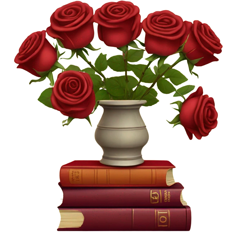 A red stack of books with a maroon bouquet of vintage-style roses and a silk ribbon emoji
