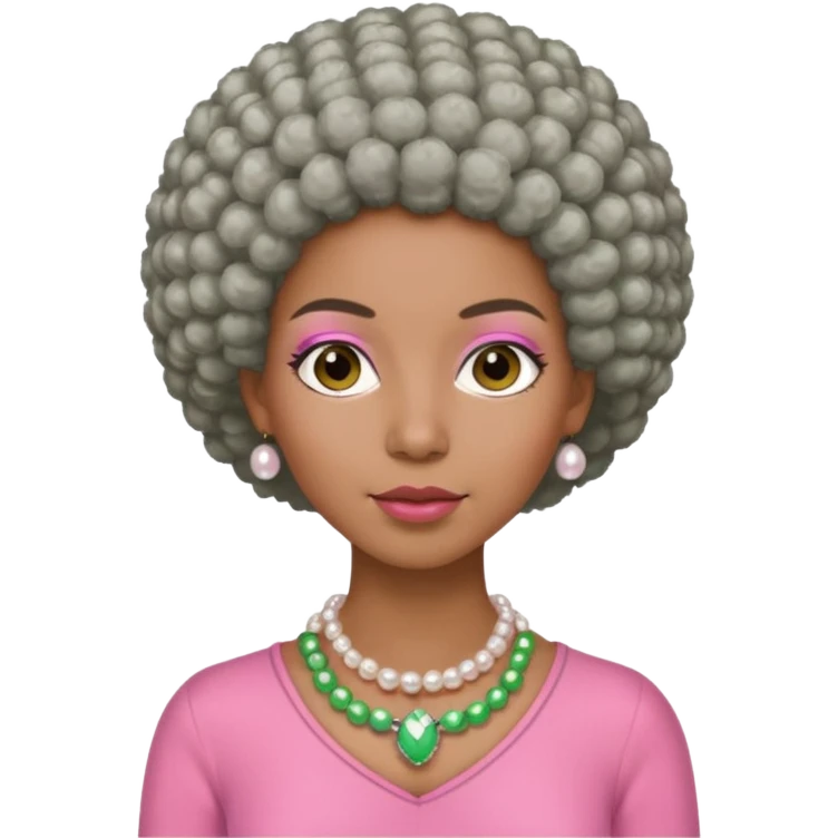 Brown woman with short gray Afro  wearing pink and green outfit and pearl necklace  emoji