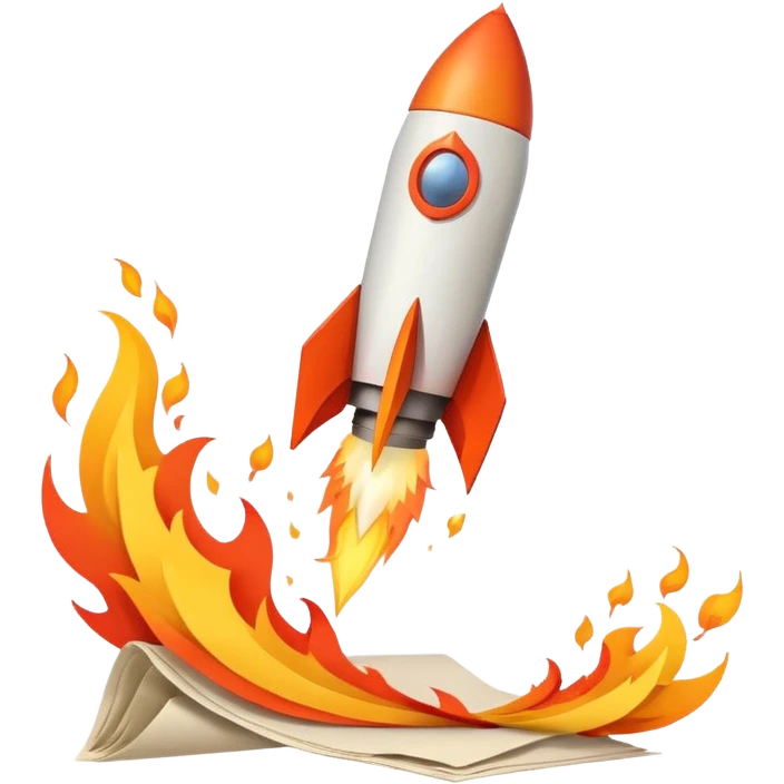 Rocket launching from stack of papers, fire trail, minimal flat design, youtube and instagram emoji