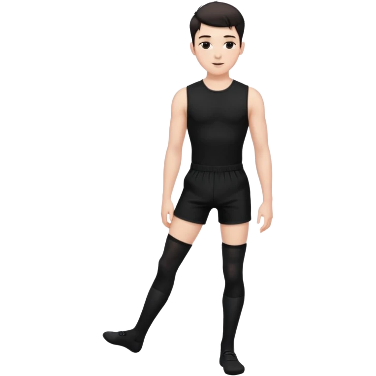 Male in his 20s, clean shaven, feminine look, wearing black thigh highs, black crops, black feminine shorts, is a femboy.   emoji