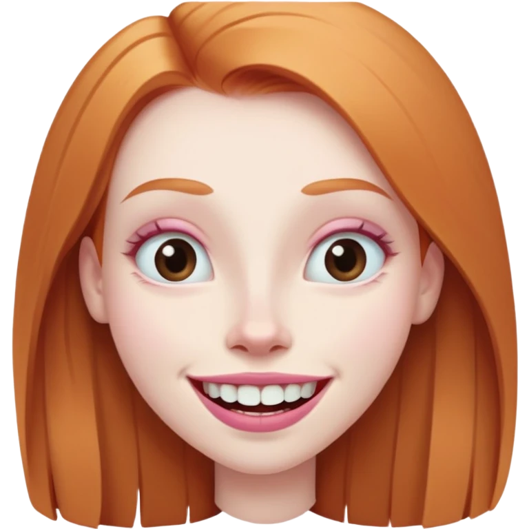 traditional emoji of young girl with very pale skin, long straight muted ginger hair, elongated oval face, bigger human-like eyes positioned close together, fuller thick eyebrows, wide nose, very large full pink lips with a big smile showing extremely large and prominent teeth, less intense expression emoji