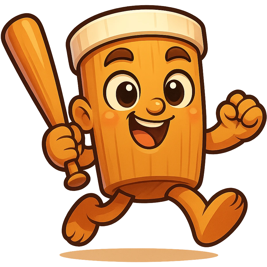 square image of absurd wooden stick-man creature, drum-like cylindrical body, holding baseball bat, cartoon style, bright vivid colors, dynamic pose,  emoji
