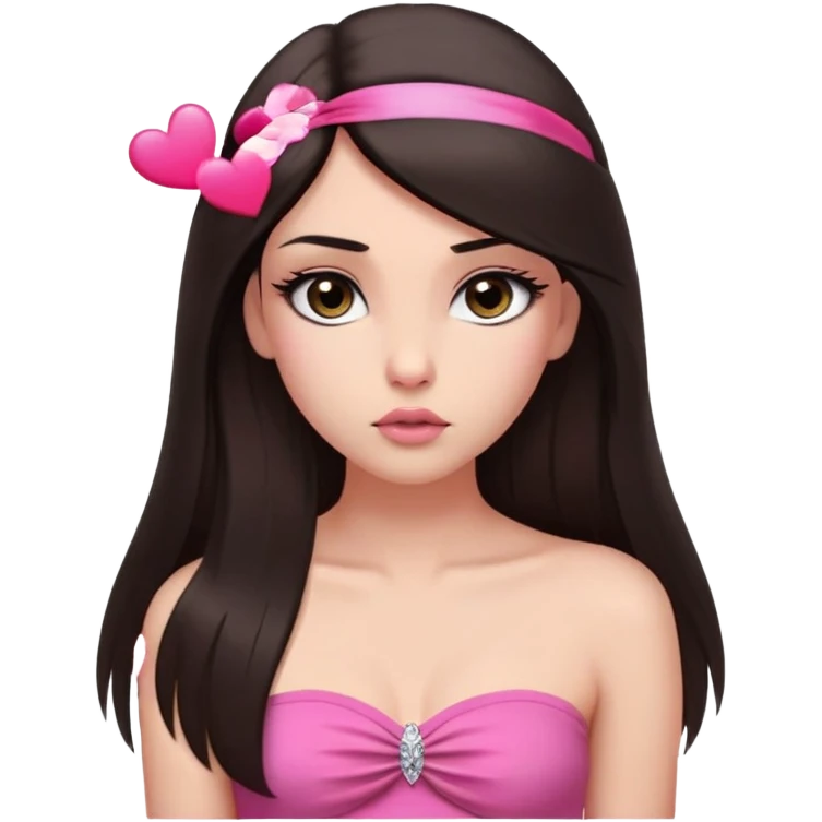 girl with lighter skin, dark brown long straight hair falling in front of her body, pouty shiny lips without cupid's bow, shiny large eyes with long eyelashes, lighter button nose, very long oval-shaped face, wearing a pink bandeau top with straight neckline, looking directly at camera with hands down at sides emoji