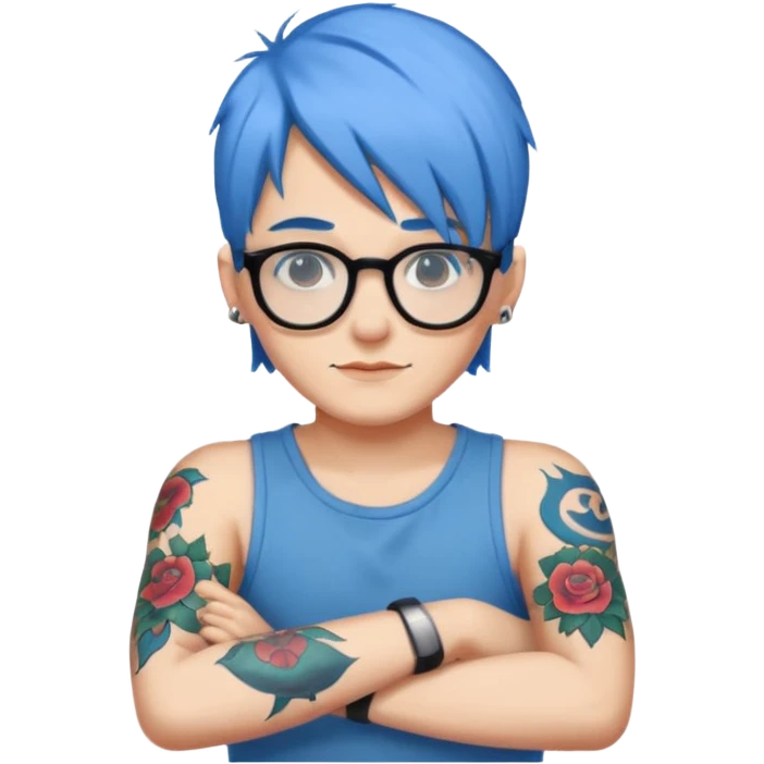 character with blue hair, glasses, tattoo on the arm emoji