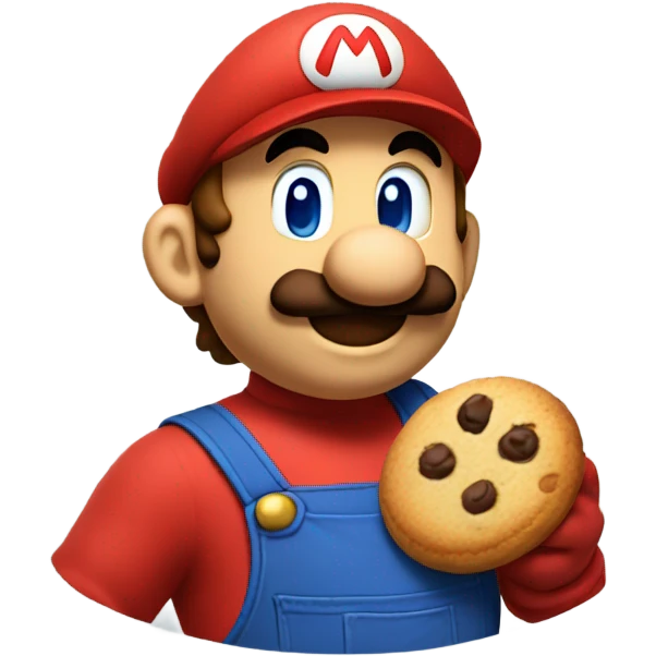Mario as t shirt red and blue eating a cookie emoji