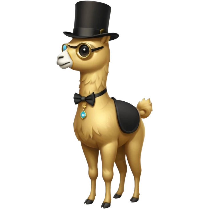 A small golden llama silhouette wearing a black top hat and a single eye monocle, full body shot emoji
