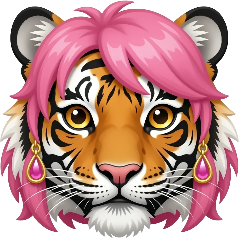 tiger with pink hair face and earrings emoji